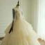 Luxury / Gorgeous Champagne Wedding Dresses 2017 Scoop Neck Long Sleeve Beading Artificial Flowers Backless Cascading Ruffles Tulle Ball Gown Chapel Train