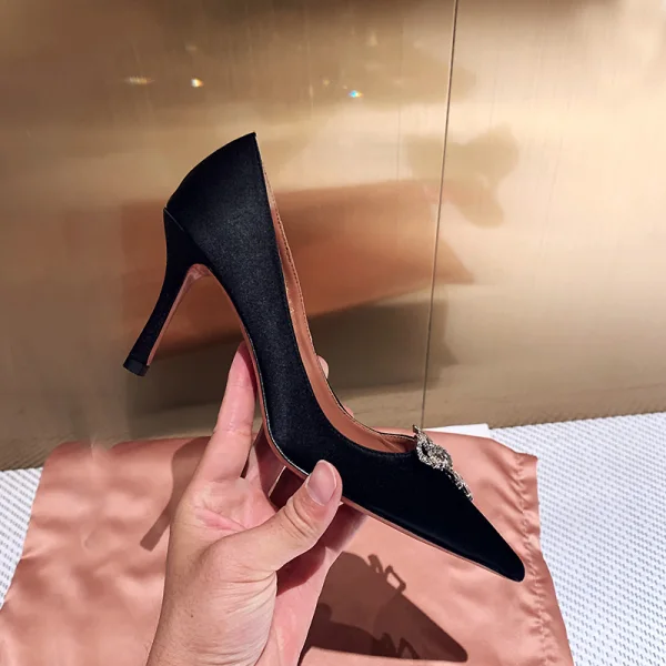 Chic / Beautiful Black Evening Party Rhinestone Bow Pumps 2021 Leather 8 cm Stiletto Heels Pointed Toe Pumps High Heels