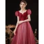 Elegant Burgundy Spotted Prom Dresses 2022 A-Line / Princess Square Neckline Puffy Short Sleeve Bow Backless Floor-Length / Long Formal Dresses