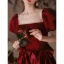 Elegant Burgundy Satin Prom Dresses 2022 A-Line / Princess Square Neckline Puffy Short Sleeve Bow Backless Floor-Length / Long Prom Formal Dresses