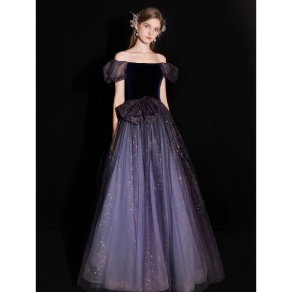 Charmant Violet Glitter Paillettes Robe De Bal 2022 Princesse De l'épaule Manches Courtes Noeud Dos Nu Longue Robe De Ceremonie