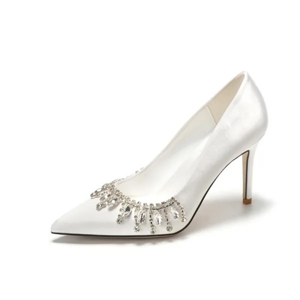 Charming Ivory Satin Rhinestone Wedding Shoes 2022 9 cm Stiletto Heels Pointed Toe Wedding Pumps High Heels