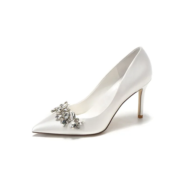 Fashion Ivory Rhinestone Satin Wedding Shoes 2022 9 cm Stiletto Heels Pointed Toe Wedding Pumps High Heels
