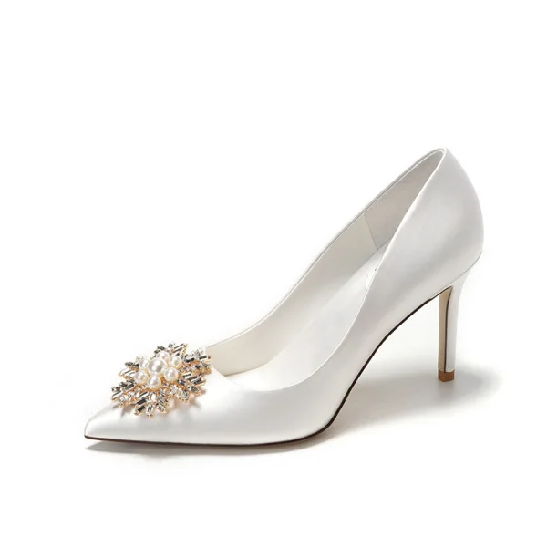 Elegant Ivory Pearl Rhinestone Wedding Shoes 2022 Satin 9 cm Stiletto Heels Pointed Toe Wedding Pumps High Heels