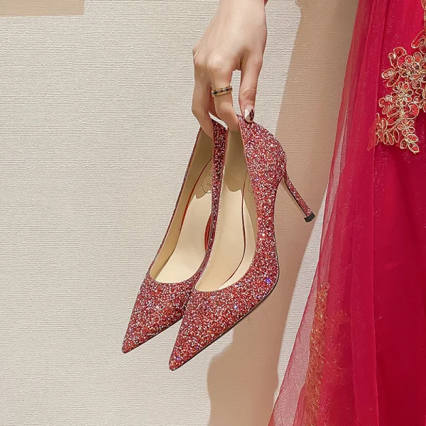 Chic / Beautiful Burgundy Sequins Wedding Shoes 2022 Leather 8 cm Stiletto Heels Pointed Toe Wedding Pumps High Heels