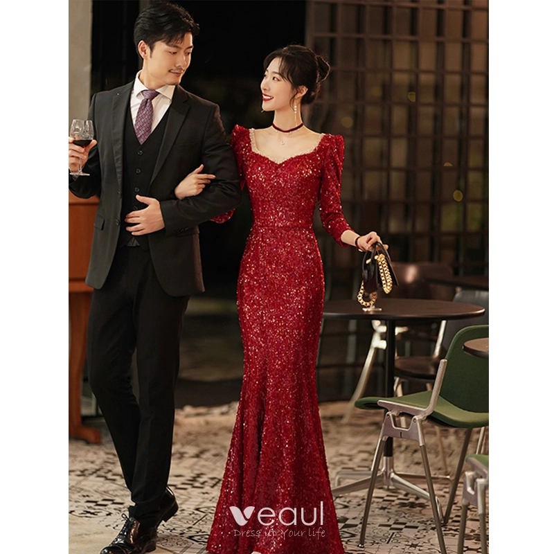 Burgundy Mermaid Square Sequin Party Formal Dress