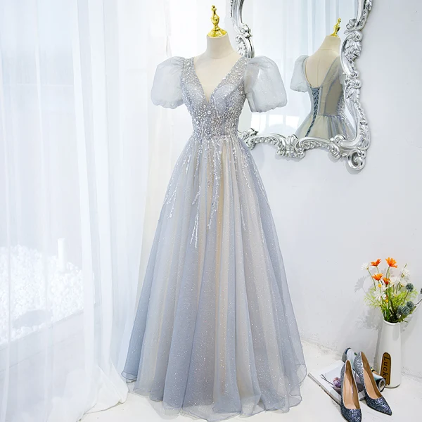 Chic / Beautiful Grey Beading Sequins Puffy Prom Dresses 2022 A-Line / Princess V-Neck Short Sleeve Backless Floor-Length / Long Formal Dresses