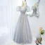 Chic / Beautiful Grey Beading Sequins Puffy Prom Dresses 2022 A-Line / Princess V-Neck Short Sleeve Backless Floor-Length / Long Formal Dresses