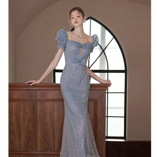 Charmant Bleu Ciel Paillettes Robe De Soirée 2022 Trompette / Sirène Encolure Carrée Noeud Gonflée Manches Courtes Dos Nu Longue Soirée Robe De Ceremonie