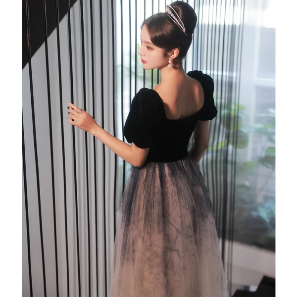 Elegant Black Prom Dresses 2022 A-Line / Princess Square Neckline Short Sleeve Backless Floor-Length / Long Prom Formal Dresses