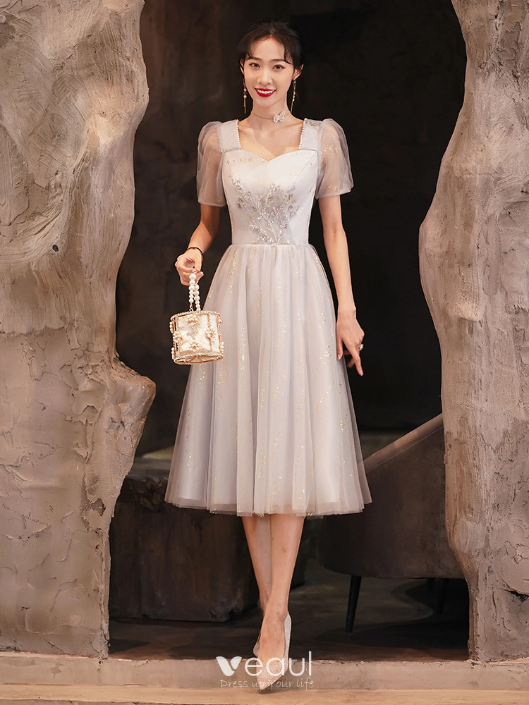 Gray tea length formal dress online