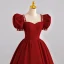 Elegant Burgundy Satin Prom Dresses 2022 A-Line / Princess Square Neckline Puffy Short Sleeve Backless Pearl Rhinestone Floor-Length / Long Prom Formal Dresses