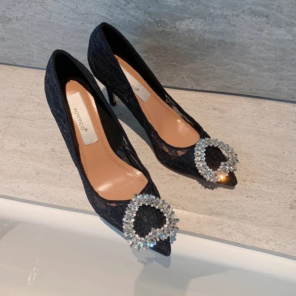Charming Nude Rhinestone Lace Flower Evening Party Pumps 2022 8 cm Stiletto Heels Pointed Toe Pumps High Heels