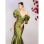 High-end Olive Green Satin Evening Dresses  2022 Trumpet / Mermaid Off-The-Shoulder Short Sleeve Sweep Train Evening Party Formal Dresses