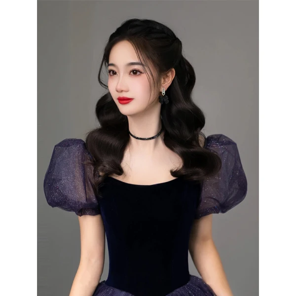 Vintage / Retro Navy Blue Sequins Prom Dresses 2022 Ball Gown Square Neckline Puffy Short Sleeve Floor-Length / Long Formal Dresses