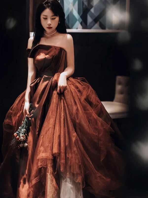 Charming Brown Evening Dresses 2022 A-Line / Princess Strapless Sleeveless Backless Floor-Length / Long Evening Party Formal Dresses