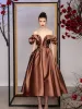 Modest / Simple Brown Beading Satin Evening Dresses 2022 A-Line / Princess Off-The-Shoulder Puffy Short Sleeve Backless Tea-length Prom Formal Dresses