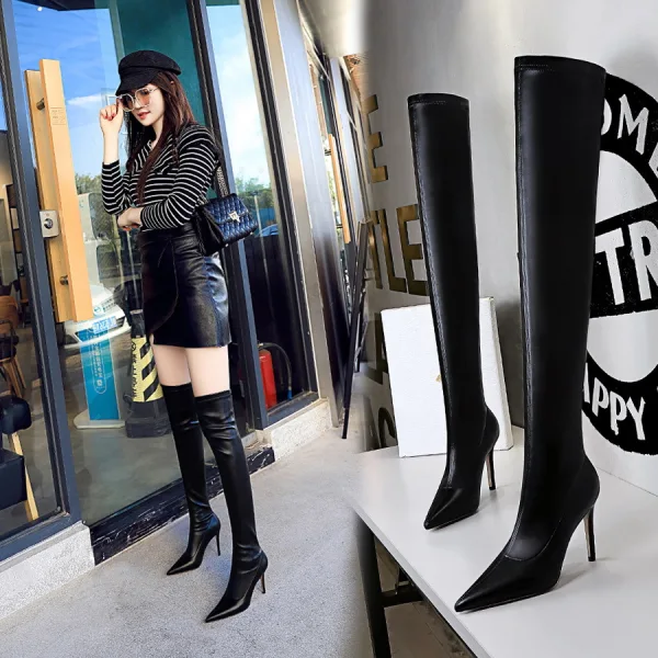 Fashion Black Street Wear Womens Boots 2022 9 cm Stiletto Heels Pointed Toe High Heels Boots