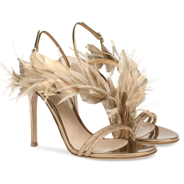 Sexy Champagne Prom Cocktail Party Womens Sandals 2022 Leather Feather Rhinestone 9 cm Stiletto Heels Open / Peep Toe Womens Sandals High Heels