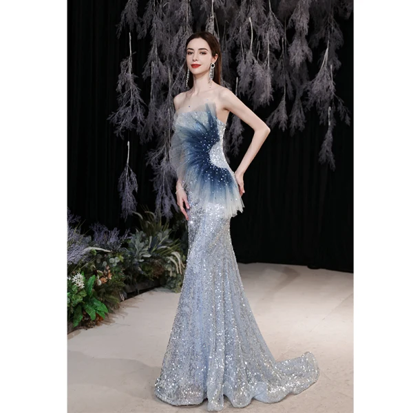 Scintillantes Sexy Bleu Ciel Paillettes Robe De Soirée 2022 Trompette / Sirène Bustier Perlage Faux Diamant Sans Manches Dos Nu Train De Balayage Robe De Ceremonie