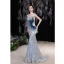 Scintillantes Sexy Bleu Ciel Paillettes Robe De Soirée 2022 Trompette / Sirène Bustier Perlage Faux Diamant Sans Manches Dos Nu Train De Balayage Robe De Ceremonie