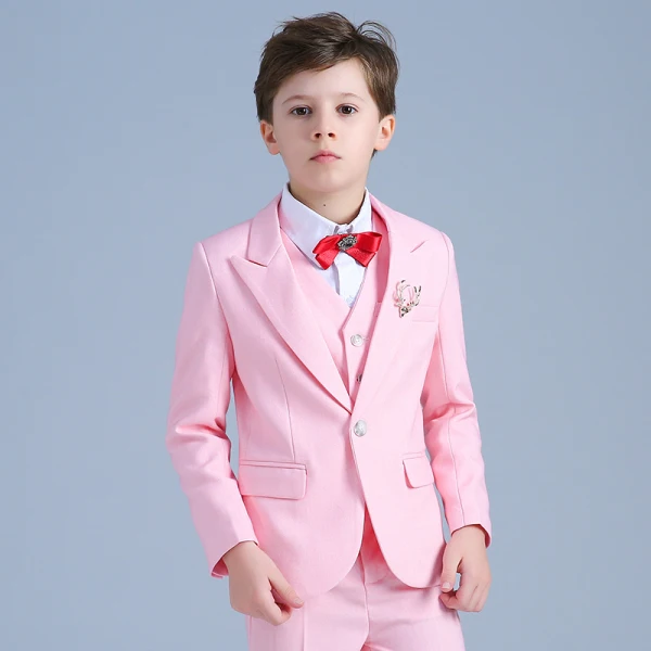 Candy Pink Long Sleeve Wedding Boys Wedding Suits 2022 Coat Pants Shirt Tie Vest