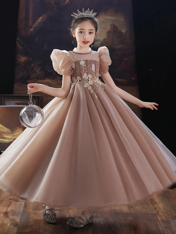 Chic / Beautiful Khaki Beading Pearl Lace Flower Flower Girl Dresses 2022 Ball Gown Birthday Scoop Neck Puffy Short Sleeve Floor-Length / Long Flower Girl Dresses