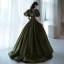 Vintage / Retro Dark Green Satin Prom Dresses A-Line / Princess 2022 Square Neckline Puffy Short Sleeve Backless Sweep Train Formal Dresses