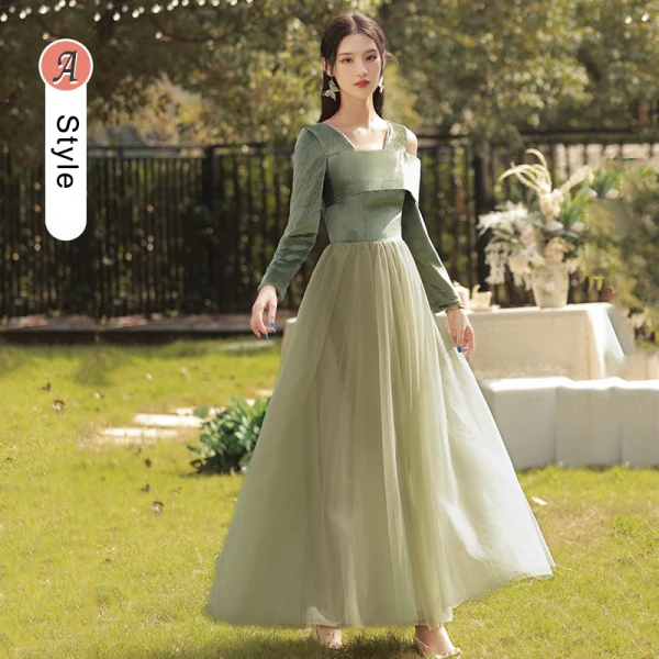 Modest / Simple Olive Green Velour Bridesmaid Dresses 2022 Bridesmaid A-Line / Princess Square Neckline 3/4 Sleeve Backless Floor-Length / Long Wedding Party Dresses