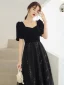 Elegant Black Sequins Prom Dresses 2022 A-Line / Princess Pearl Square Neckline Short Sleeve Backless Floor-Length / Long Formal Dresses