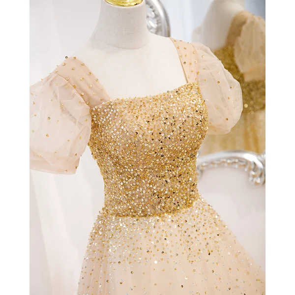 Charming Gold Prom Dresses 2022 A-Line / Princess Square Neckline Beading Sequins Puffy Short Sleeve Backless Floor-Length / Long Formal Dresses