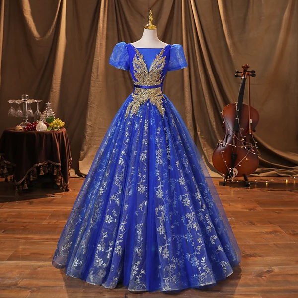 Vintage / Retro Royal Blue Beading Glitter Sequins Prom Dresses 2022 Ball Gown Square Neckline Puffy Short Sleeve Backless Floor-Length / Long Formal Dresses