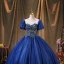 Vintage / Retro Royal Blue Glitter Prom Dresses 2022 Ball Gown Scoop Neck Beading Lace Flower Puffy Short Sleeve Backless Floor-Length / Long Formal Dresses