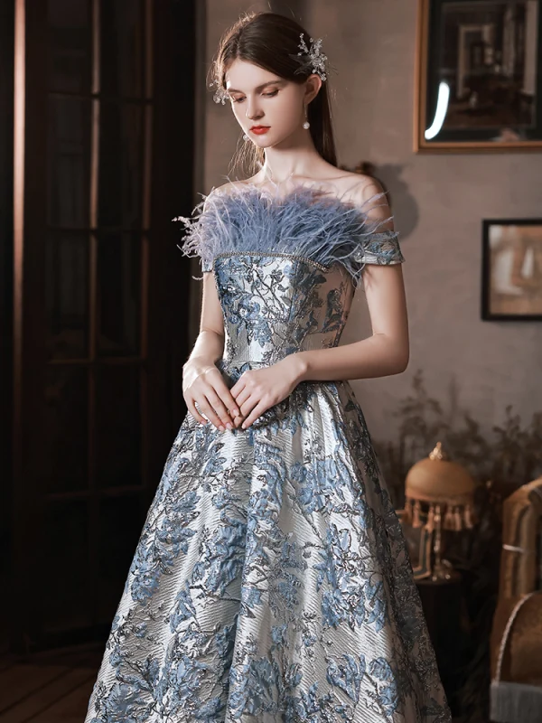 Charming Sky Blue Printing Prom Dresses 2022 A-Line / Princess Tassel Off-The-Shoulder Rhinestone Sequins Short Sleeve Backless Floor-Length / Long Formal Dresses