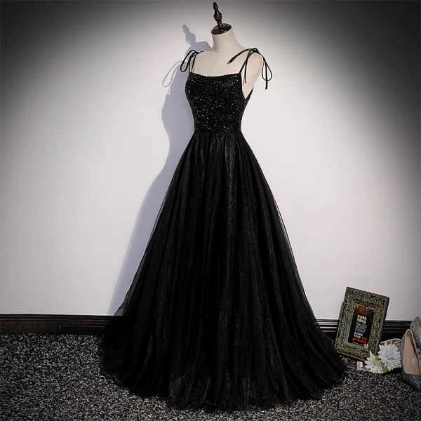 Chic / Beautiful Black Prom Dresses 2022 A-Line / Princess Spaghetti Straps Beading Sleeveless Backless Floor-Length / Long Formal Dresses