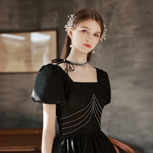 Mode Noire Robe De Bal 2022 Princesse Encolure Carrée Manches Courtes Dos Nu Longue Robe De Ceremonie