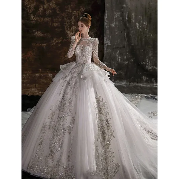 Luxury / Gorgeous Ivory Beading Pearl Sequins Cascading Ruffles Wedding Dresses 2022 Ball Gown Scoop Neck Long Sleeve Backless Royal Train