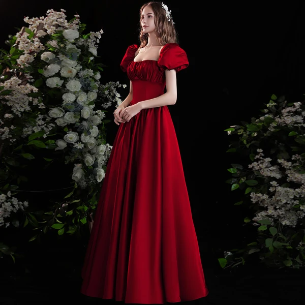Modest / Simple Burgundy Satin Prom Dresses 2022 A-Line / Princess Square Neckline Puffy Short Sleeve Backless Floor-Length / Long Formal Dresses