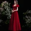 Modest / Simple Burgundy Satin Prom Dresses 2022 A-Line / Princess Square Neckline Puffy Short Sleeve Backless Floor-Length / Long Formal Dresses