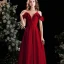 Modest / Simple Burgundy Satin Prom Dresses 2022 A-Line / Princess Off-The-Shoulder Short Sleeve Backless Floor-Length / Long Formal Dresses