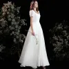 Vintage / Retro Ivory Satin Solid Color Prom Dresses 2022 A-Line / Princess Square Neckline Puffy Short Sleeve Backless Floor-Length / Long Formal Dresses