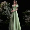 Elegant Sage Green Solid Color Satin Prom Dresses 2022 A-Line / Princess Square Neckline Puffy Short Sleeve Backless Floor-Length / Long Formal Dresses