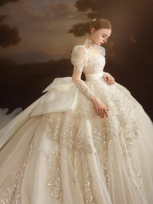 Luxury / Gorgeous Glitter Sequins Beading Pearl Lace Flower Ivory Wedding Dresses 2022 Ball Gown Scoop Neck Puffy Short Sleeve Sash Satin Bow Royal Train Wedding