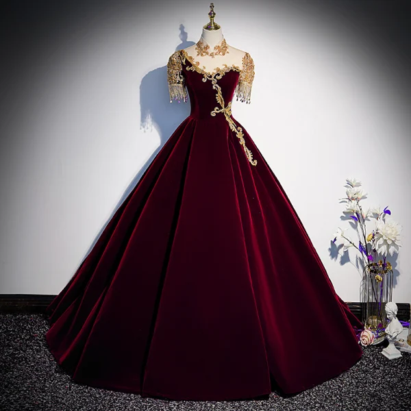 Chinese style Dark Green Suede Prom Dresses 2022 High Neck Beading Sequins Short Sleeve Rhinestone Tassel Floor-Length / Long Formal Dresses
