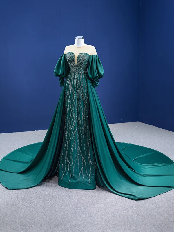 Vintage / Retro High Low Dark Green Beading Sequins Satin Prom Dresses 2022 Trumpet / Mermaid Scoop Neck Puffy 3/4 Sleeve Floor-Length / Long Formal Dresses