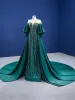 Vintage / Retro High Low Dark Green Beading Sequins Satin Prom Dresses 2022 Trumpet / Mermaid Scoop Neck Puffy 3/4 Sleeve Floor-Length / Long Formal Dresses