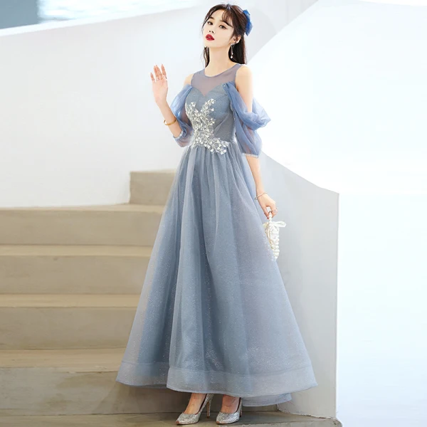 Charmant Bleu Ciel Perlage Glitter Paillettes Robe De Bal 2022 Princesse Encolure Dégagée Manches Courtes Dos Nu Longue Robe De Ceremonie