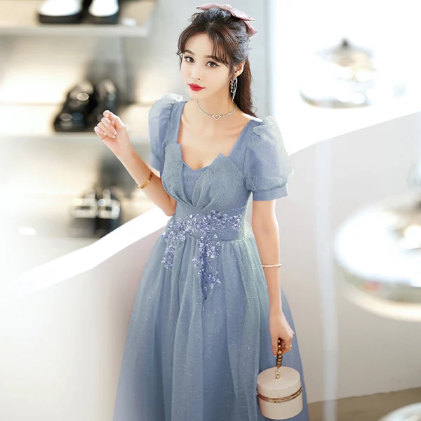 Chic / Beautiful Sky Blue Glitter Prom Dresses 2022 A-Line / Princess V-Neck Beading Sequins Short Sleeve Backless Floor-Length / Long Formal Dresses