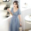Chic / Beautiful Sky Blue Glitter Prom Dresses 2022 A-Line / Princess V-Neck Beading Sequins Short Sleeve Backless Floor-Length / Long Formal Dresses