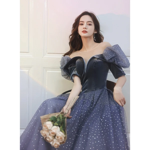 Fashion Navy Blue Suede Rhinestone Prom Dresses 2022 A-Line / Princess Scoop Neck Short Sleeve Backless Floor-Length / Long Formal Dresses